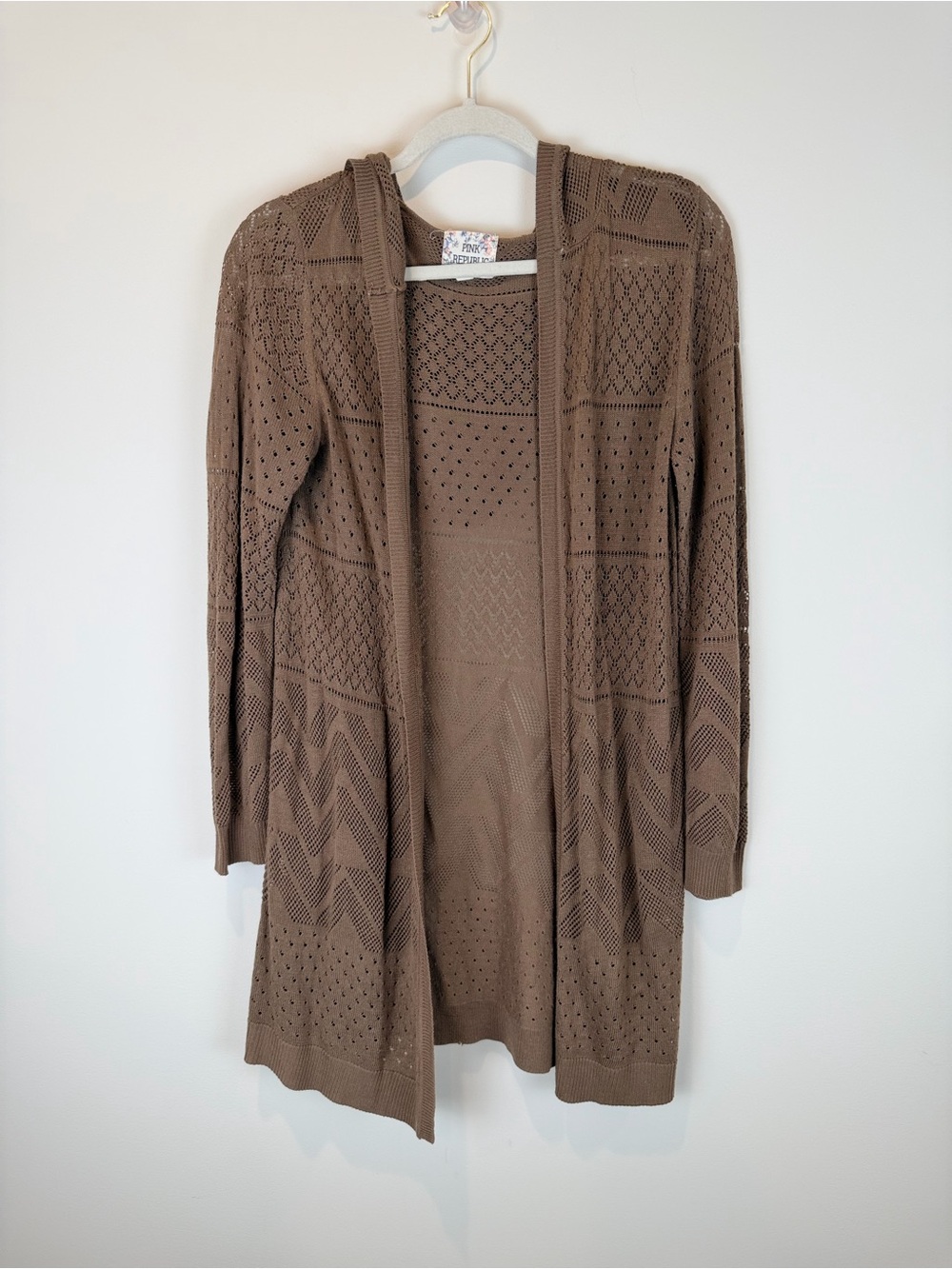 Pink Republic Open-Front Pointelle Cardigan - with Hood Brown Large